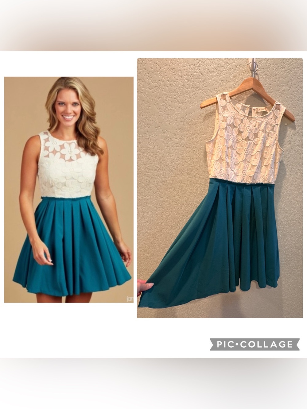 Lace top cream color with teal plisse skirt. Elegant cute dress